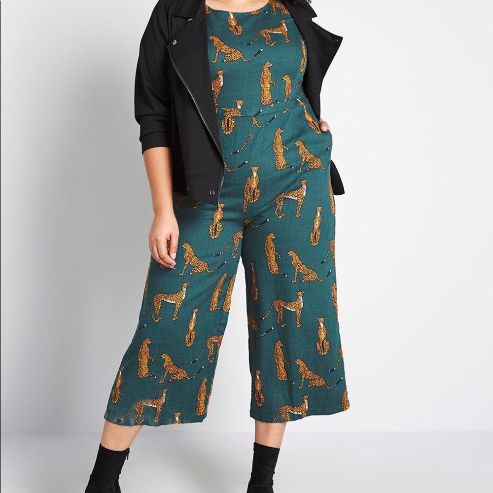Modcloth Bold Notion Wide Leg Jumpsuit XL in Green Cheetah